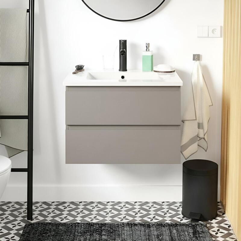 Ensemble simple vasque 60cm avec plan céramique et robinet noir