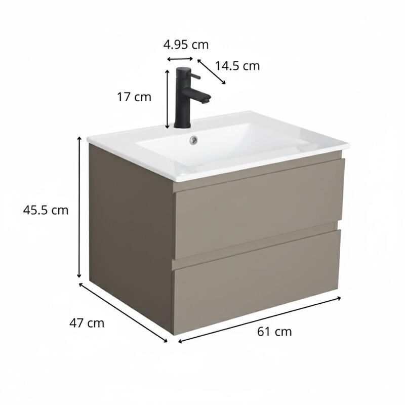 Ensemble simple vasque 60cm avec plan céramique et robinet noir
