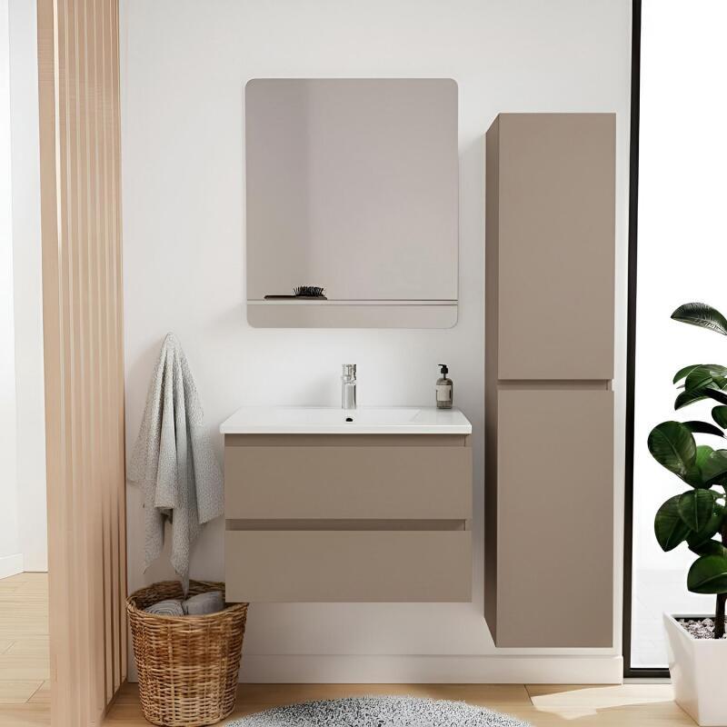 Ensemble simple vasque 60cm avec plan céramique, robinet chromé, miroir et colonne