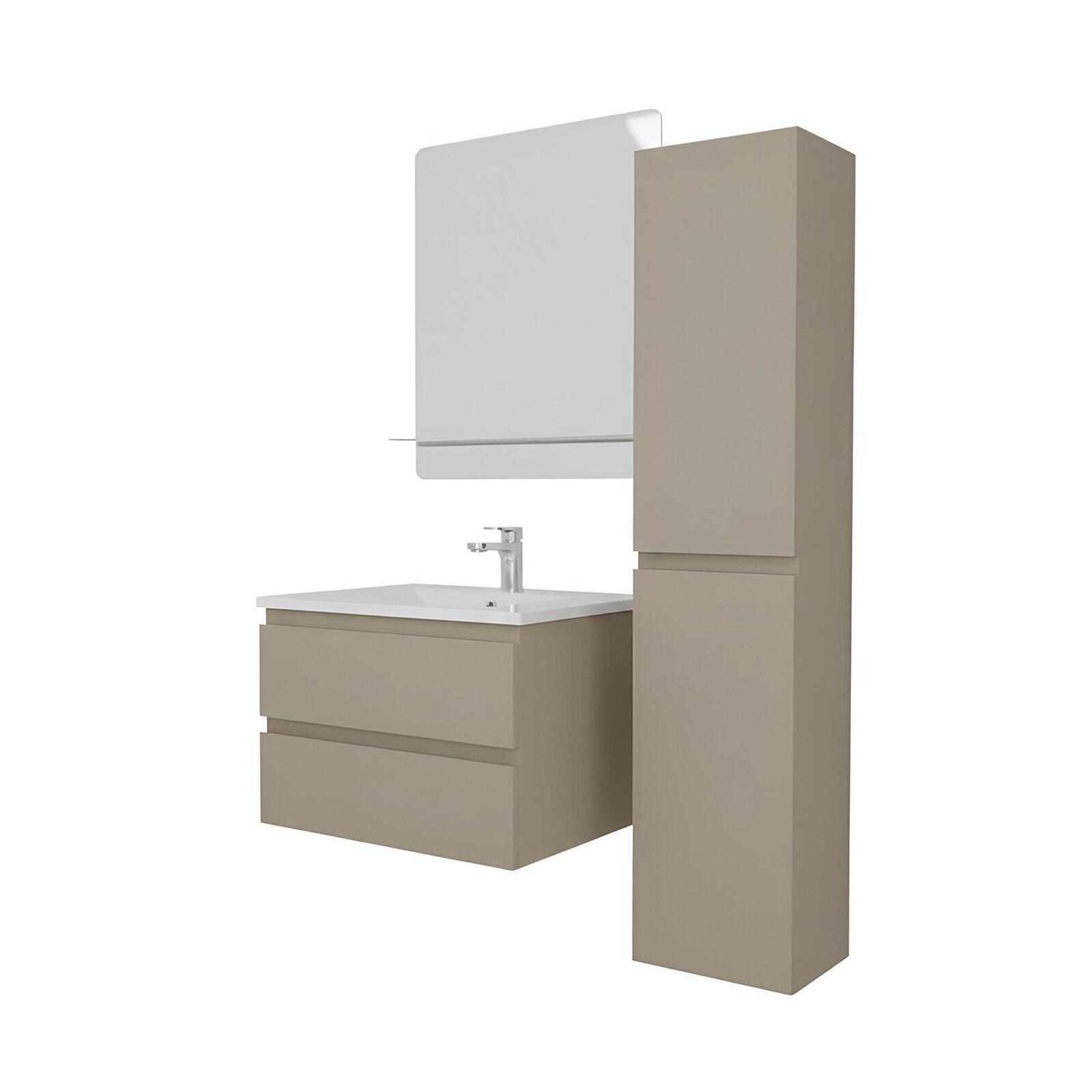 Ensemble simple vasque 60cm avec plan céramique, robinet chromé, miroir et colonne