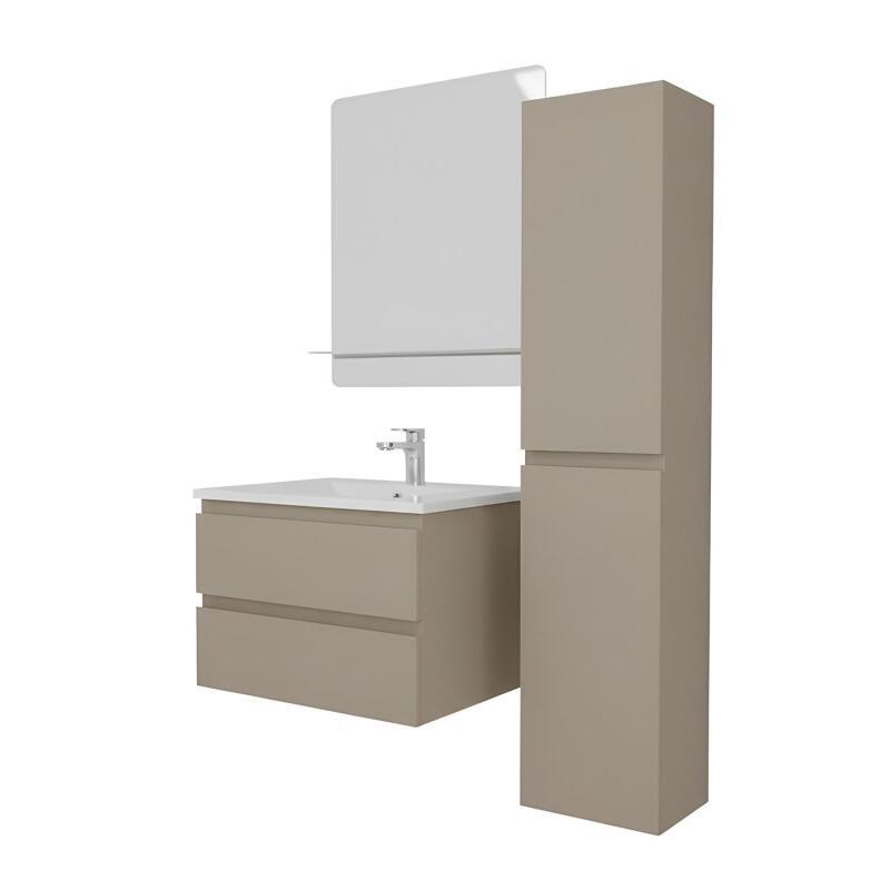 Ensemble simple vasque 60cm avec plan céramique, robinet chromé, miroir et colonne