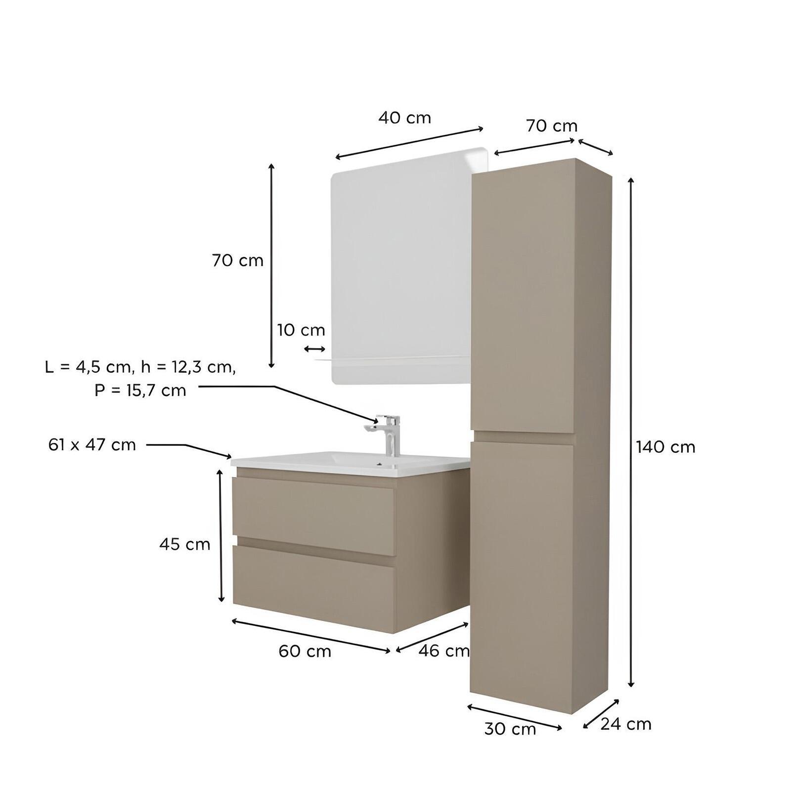 Ensemble simple vasque 60cm avec plan céramique, robinet chromé, miroir et colonne