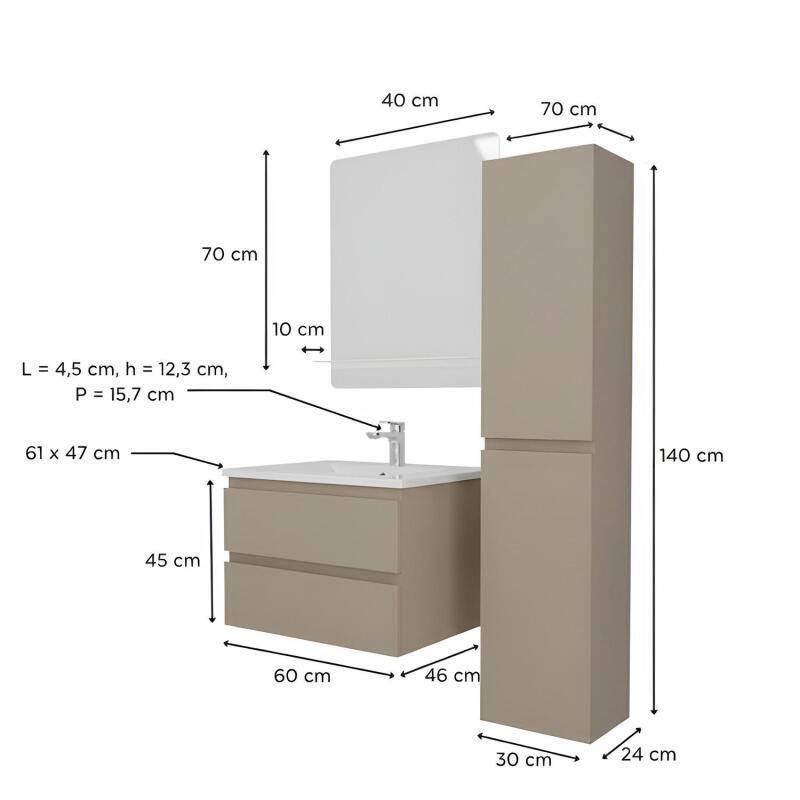 Ensemble simple vasque 60cm avec plan céramique, robinet chromé, miroir et colonne