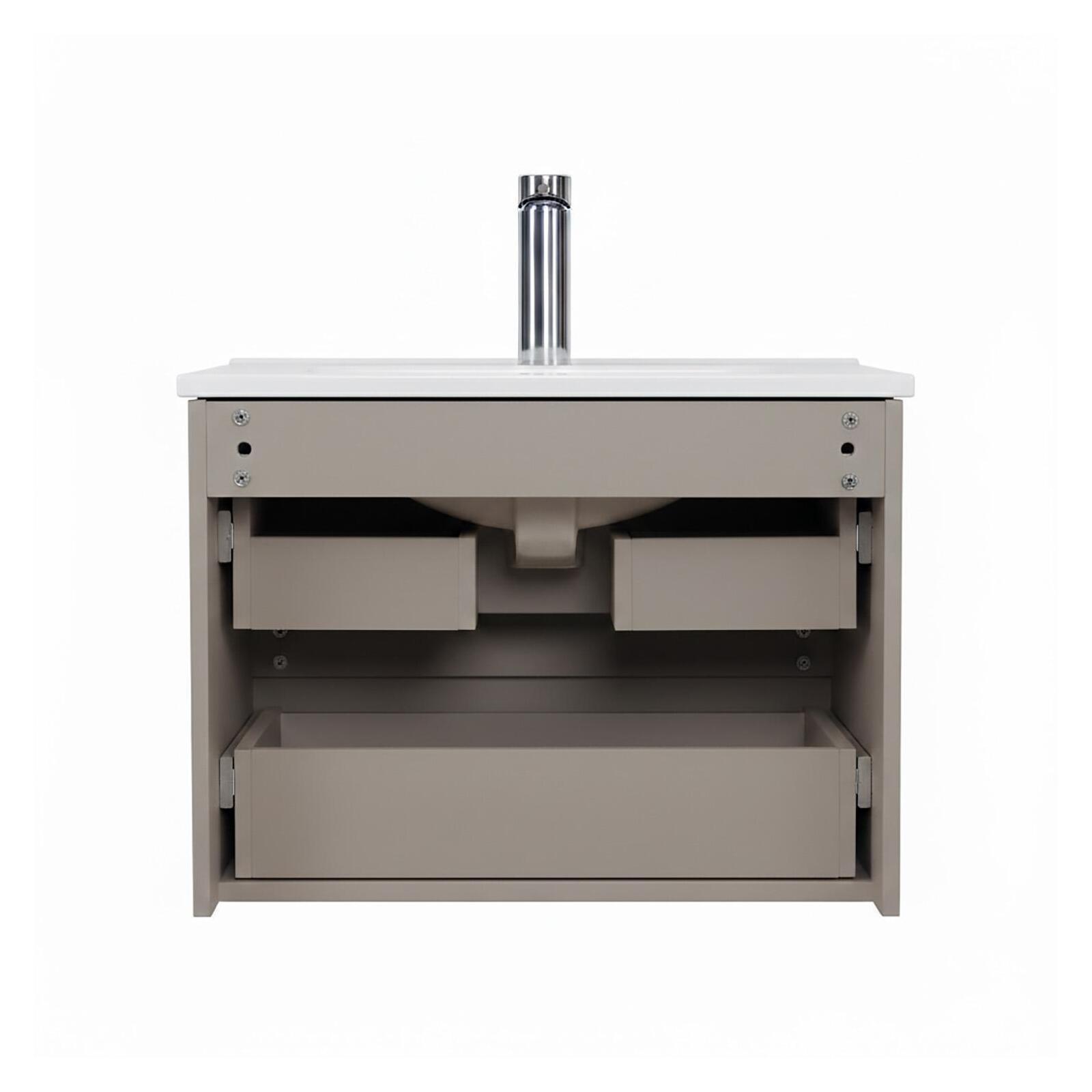 Ensemble simple vasque 60cm avec plan céramique, robinet chromé, miroir et colonne