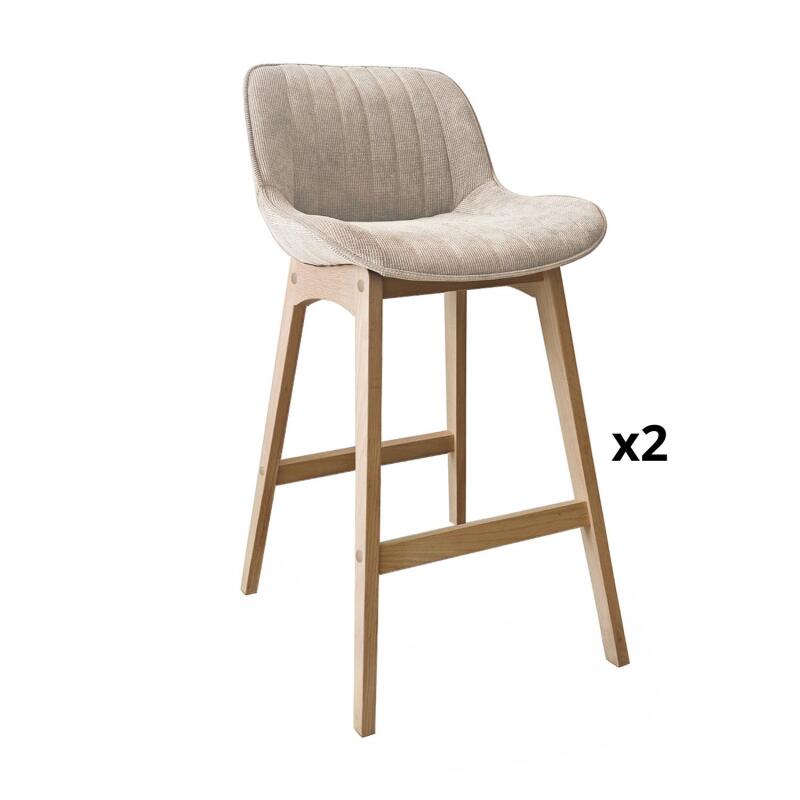 Lot de tabourets de bar en chêne et assise tissu velours côtelé H75cm