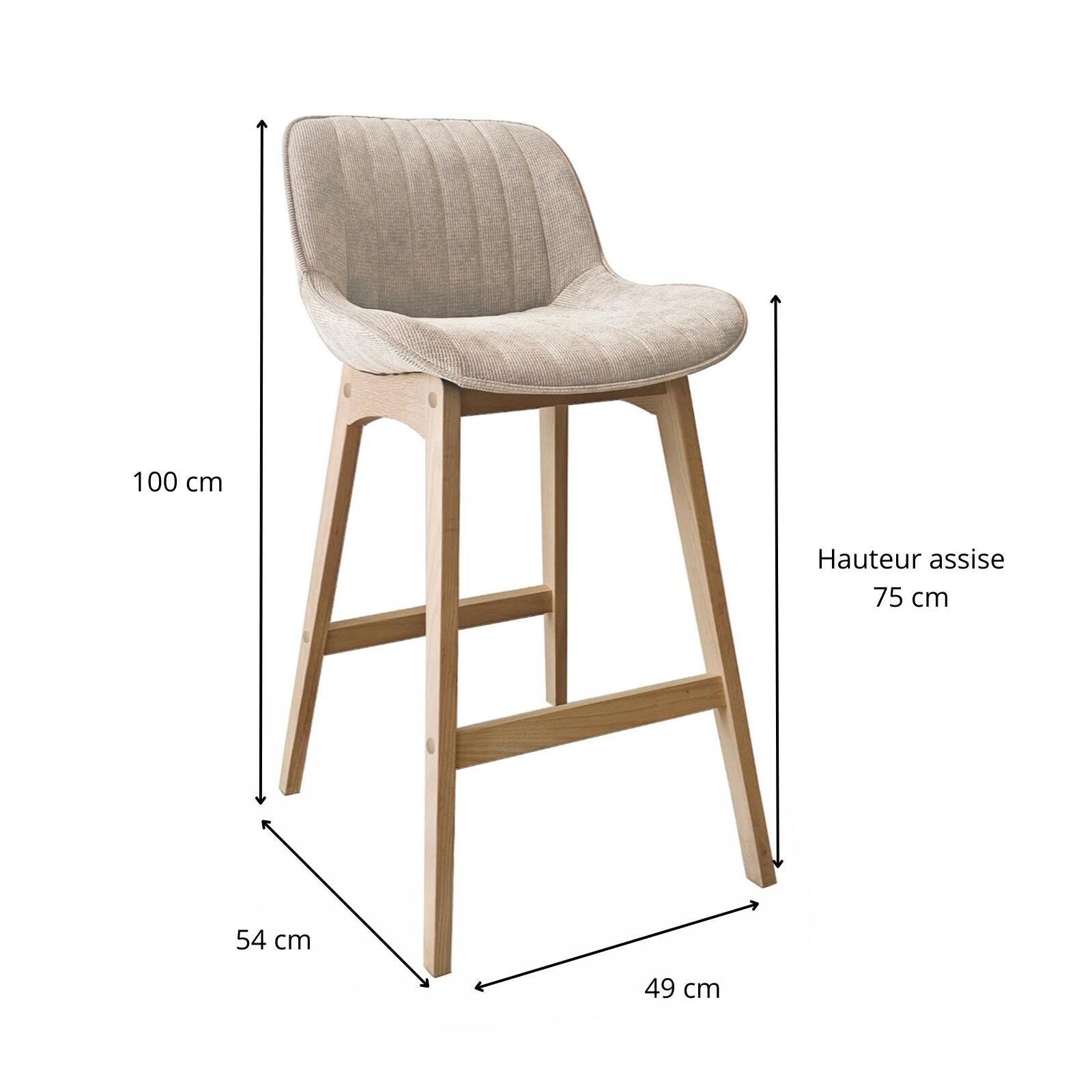 Lot de tabourets de bar en chêne et assise tissu velours côtelé H75cm