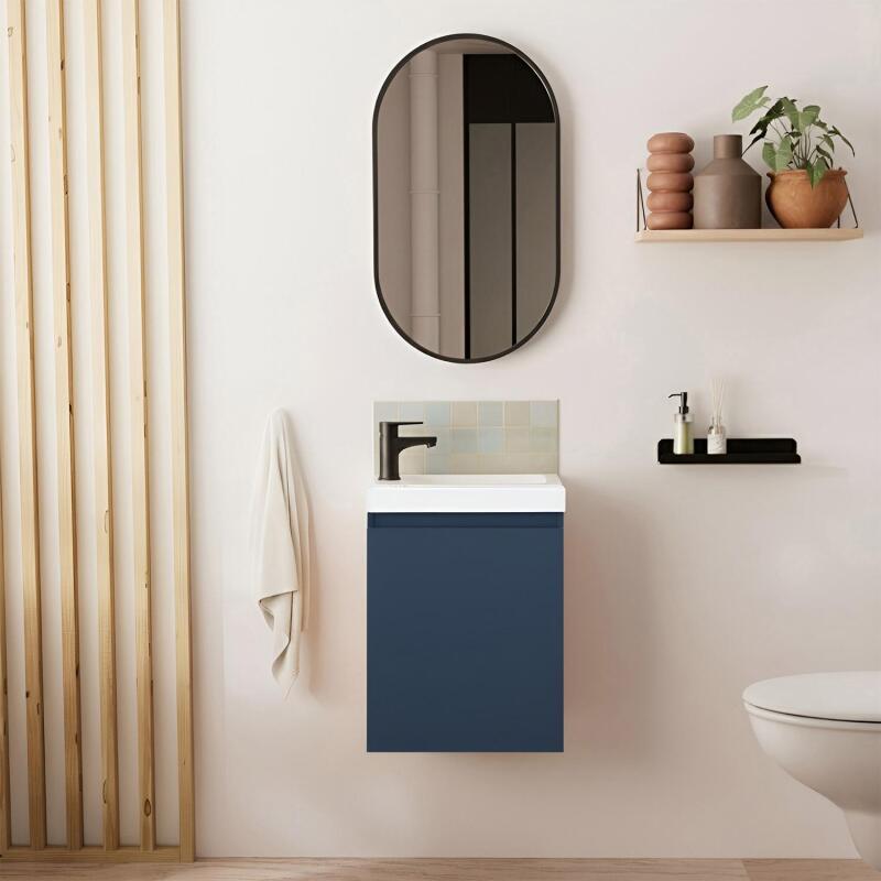 Ensemble lave-mains suspendu avec robinet noir et miroir ovale