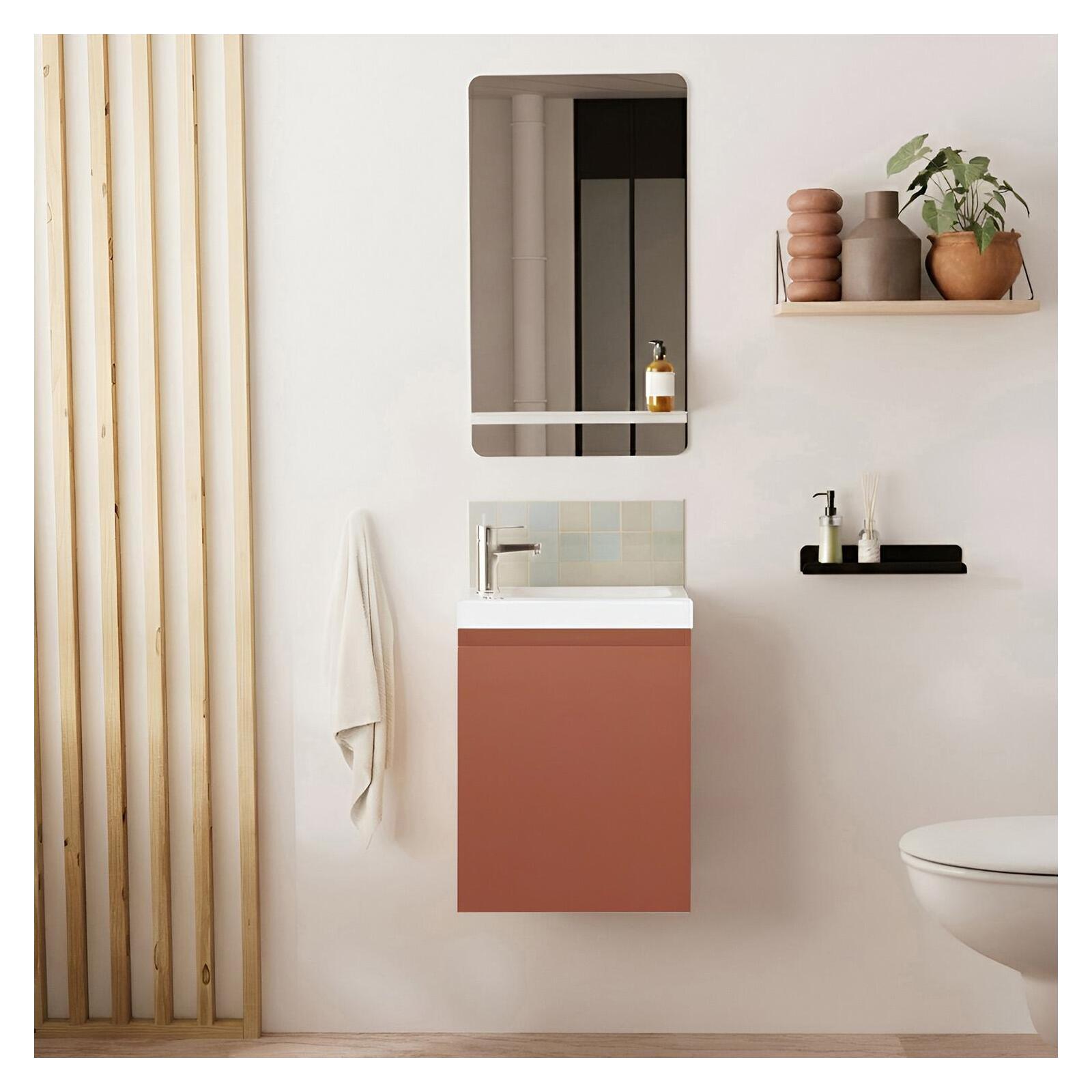 Ensemble lave-mains suspendu avec robinet chromé et miroir tablette