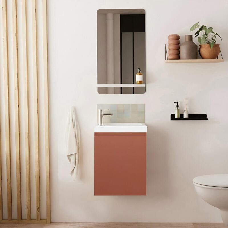 Ensemble lave-mains suspendu avec robinet chromé et miroir tablette