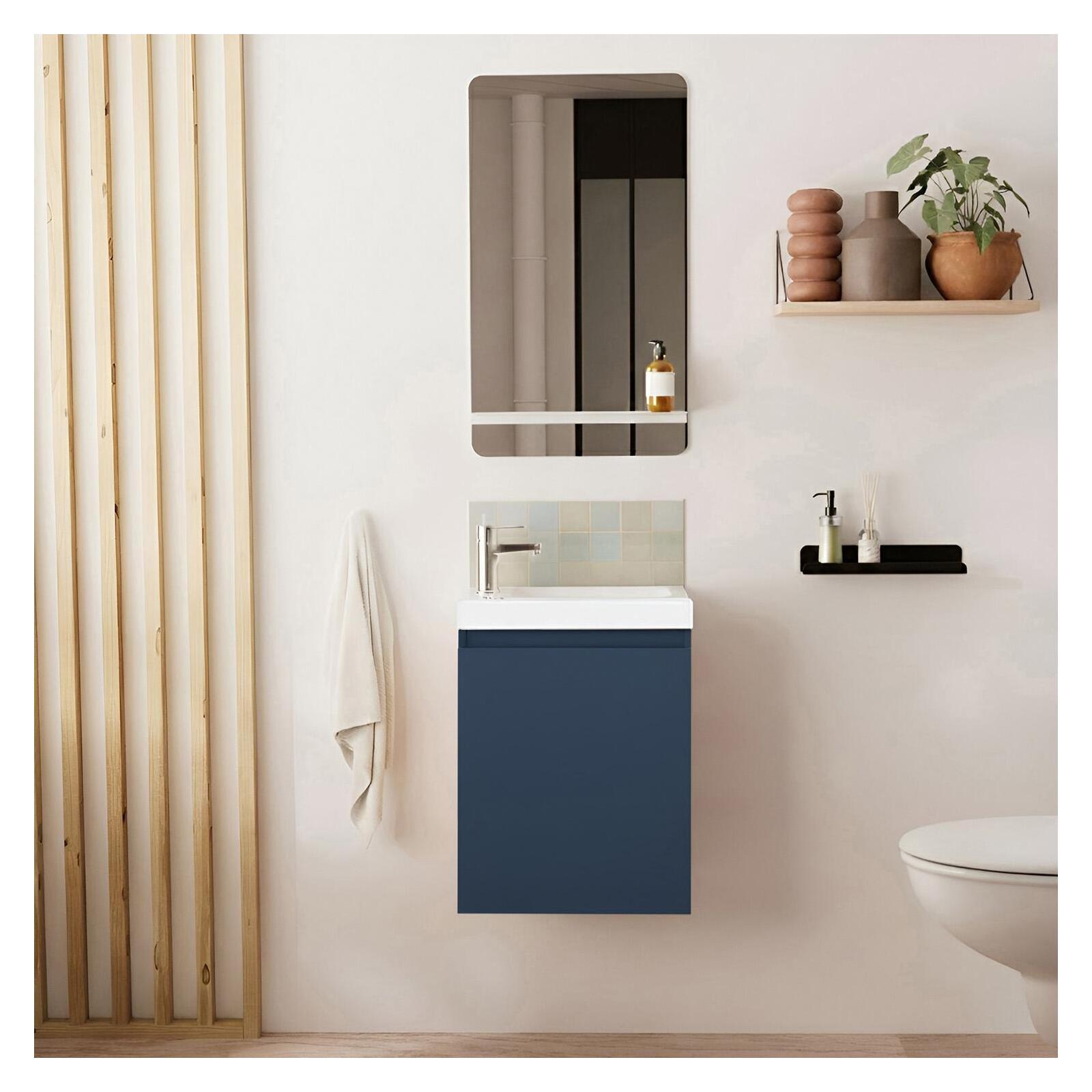 Ensemble lave-mains suspendu avec robinet chromé et miroir tablette