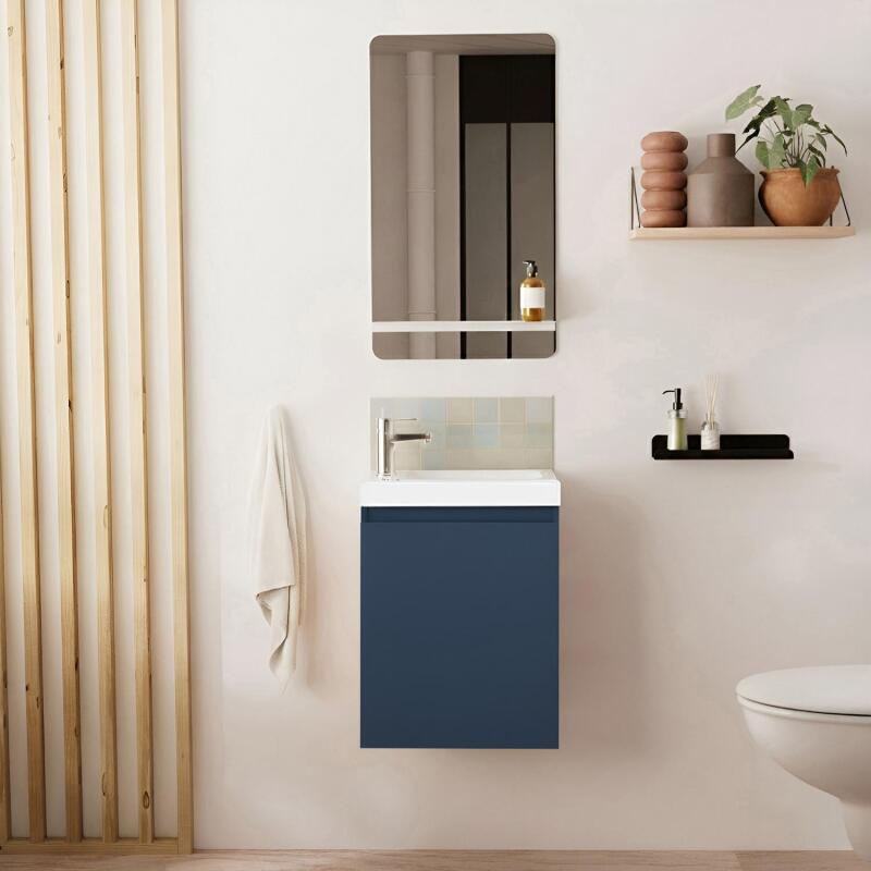 Ensemble lave-mains suspendu avec robinet chromé et miroir tablette