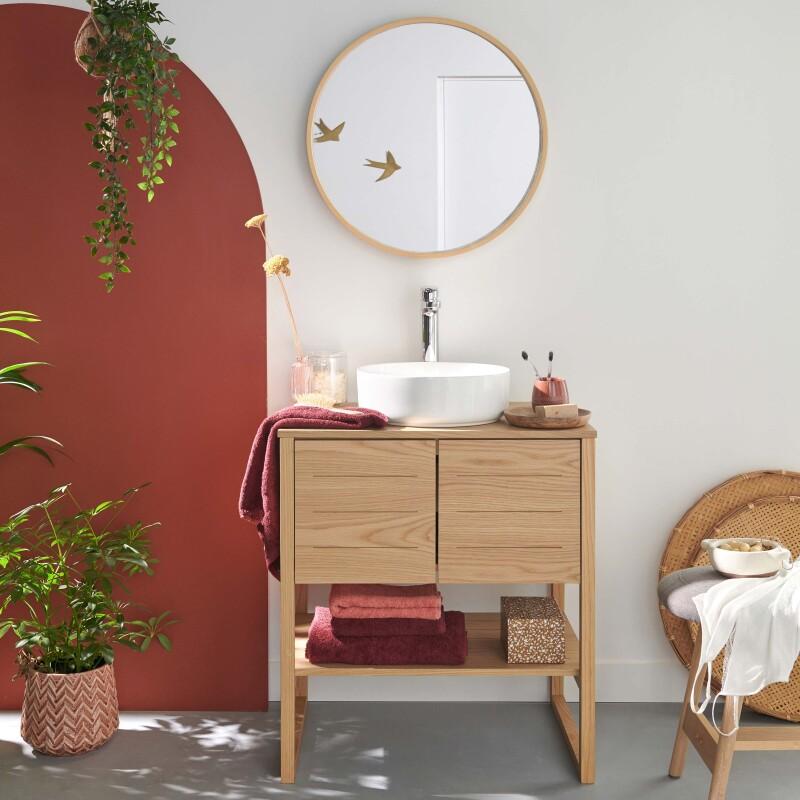 Ensemble salle de bain complet 70cm chêne naturel avec vasque ronde, robinet et miroir ATOLL