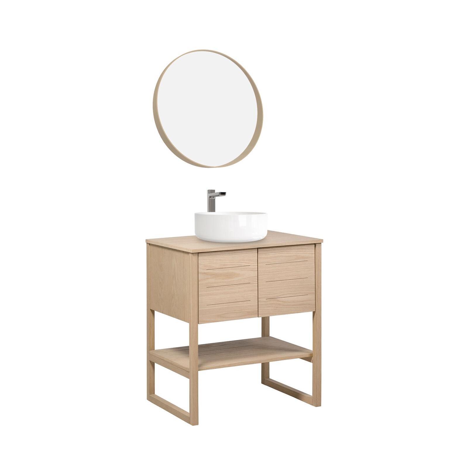 Ensemble salle de bain complet 70cm chêne naturel avec vasque ronde, robinet et miroir ATOLL