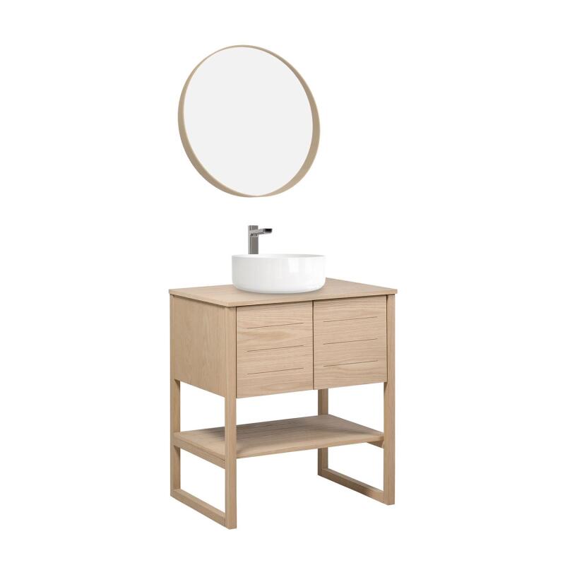 Ensemble salle de bain complet 70cm chêne naturel avec vasque ronde, robinet et miroir ATOLL