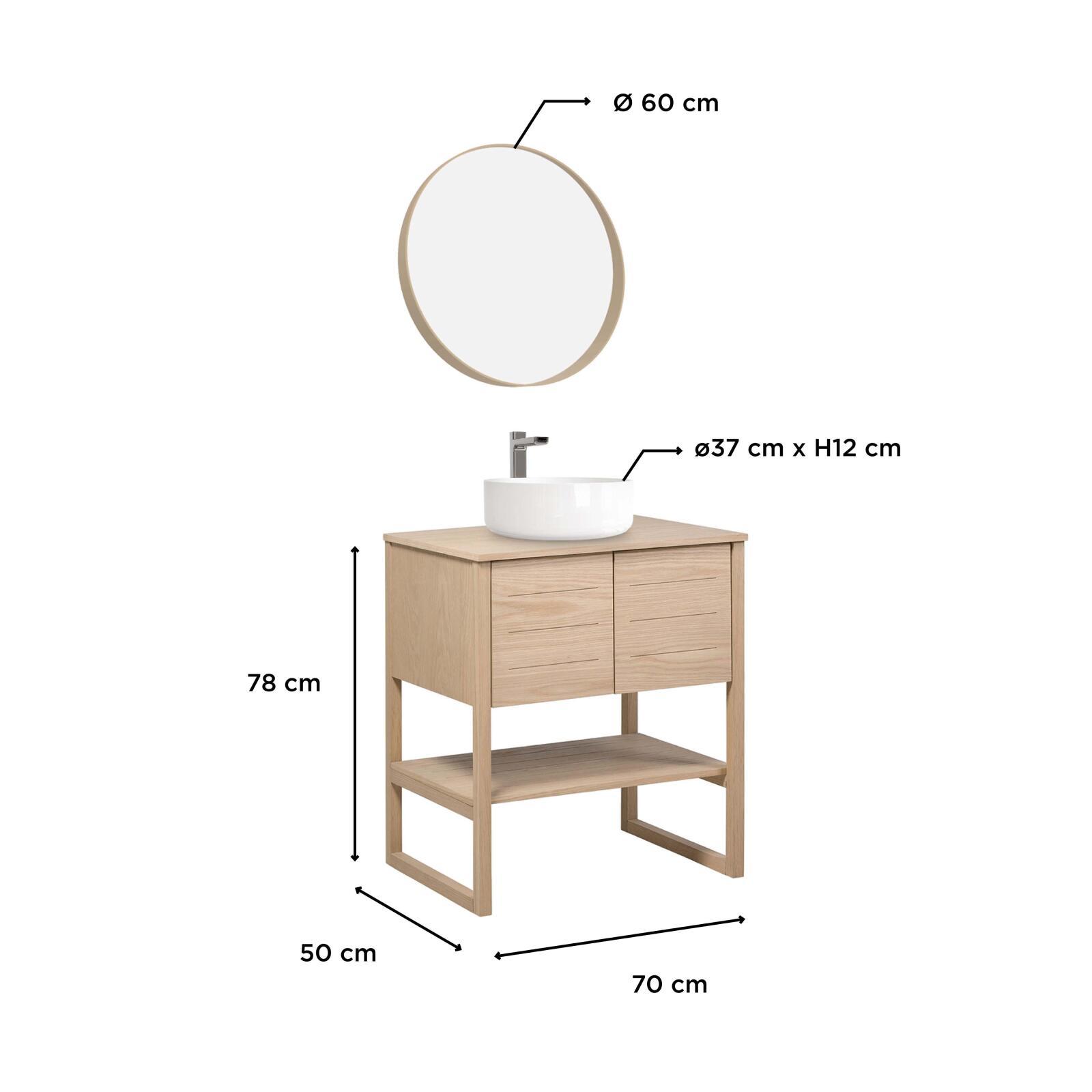 Ensemble salle de bain complet 70cm chêne naturel avec vasque ronde, robinet et miroir ATOLL