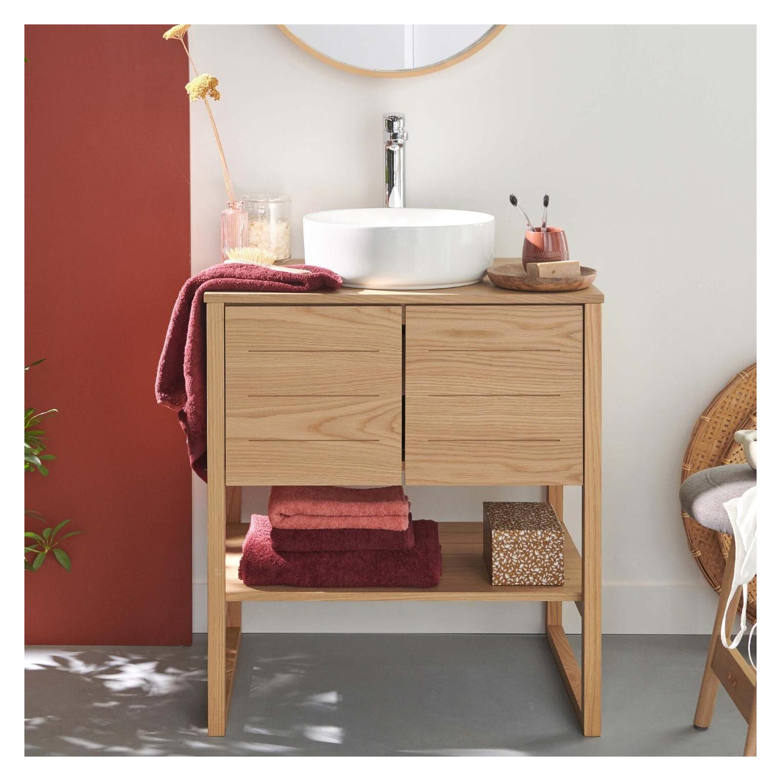 Ensemble salle de bain complet 70cm chêne naturel avec vasque ronde, robinet et miroir ATOLL