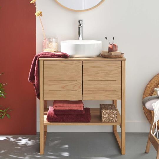 Ensemble meuble 70cm chêne naturel avec vasque ronde blanche et robinet chromé ATOLL