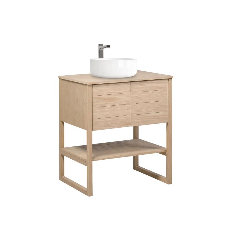 Ensemble meuble 70cm chêne naturel avec vasque ronde blanche et robinet chromé ATOLL