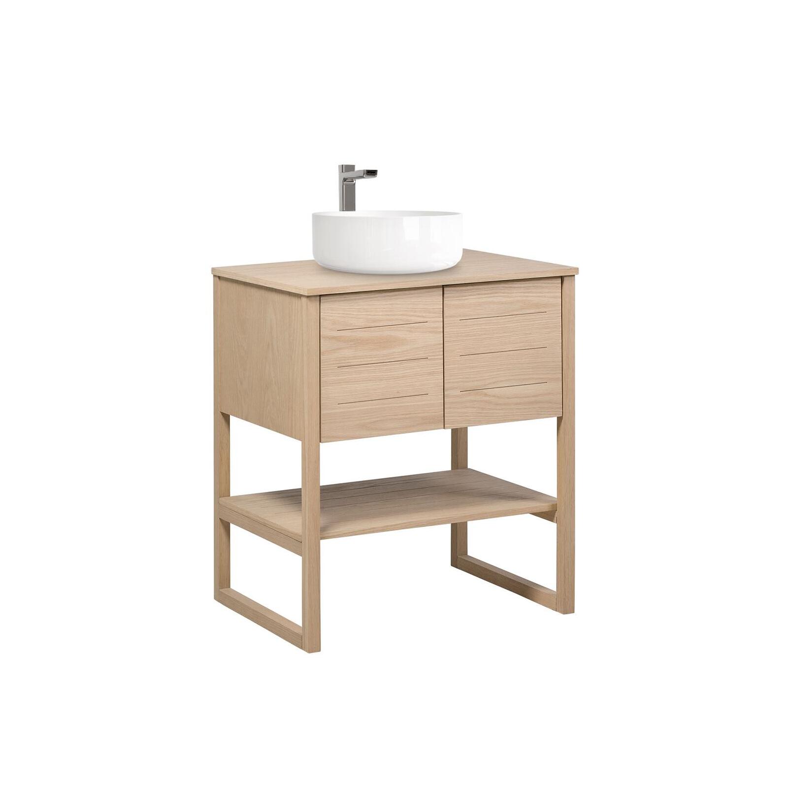 Ensemble meuble 70cm chêne naturel avec vasque ronde blanche et plan de toilette ATOLL