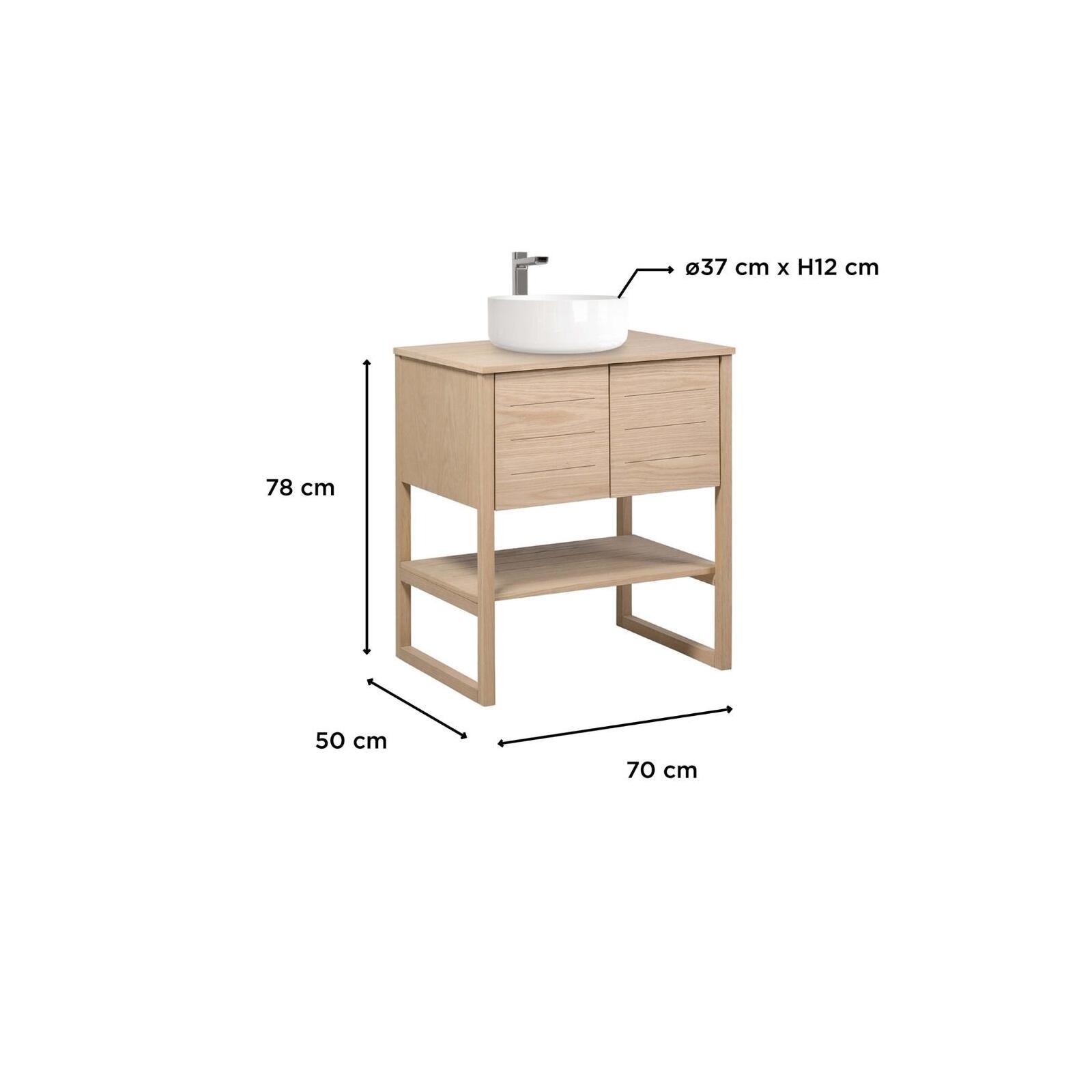 Ensemble meuble 70cm chêne naturel avec vasque ronde blanche et plan de toilette ATOLL