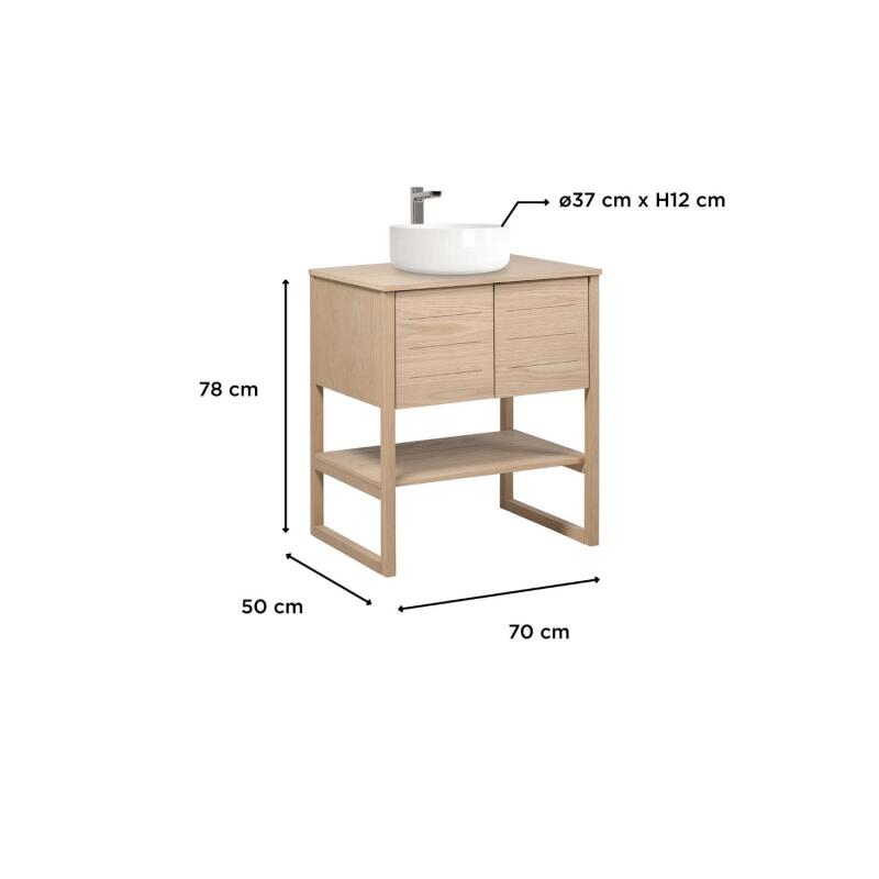Ensemble meuble 70cm chêne naturel avec vasque ronde blanche et plan de toilette ATOLL