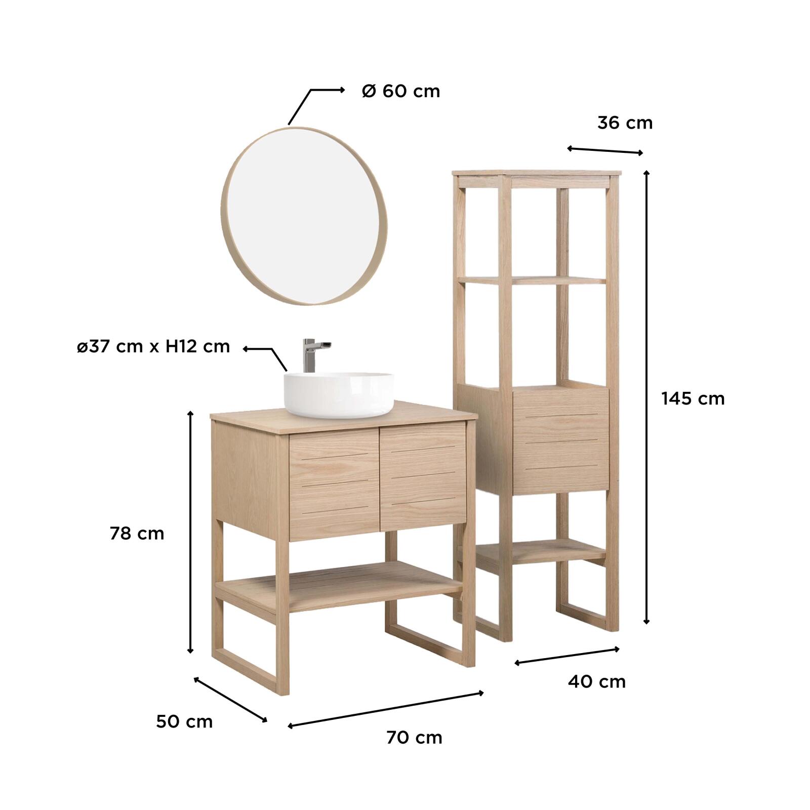 Ensemble salle de bain intégral 70cm chêne naturel avec colonne, vasque ronde, miroir et robinet ATOLL