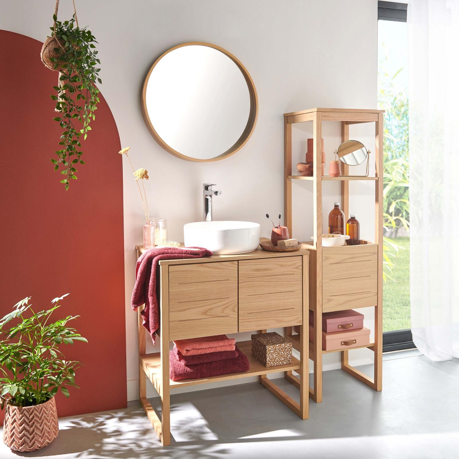 Ensemble salle de bain intégral 70cm chêne naturel avec colonne, vasque ronde, miroir et robinet ATOLL
