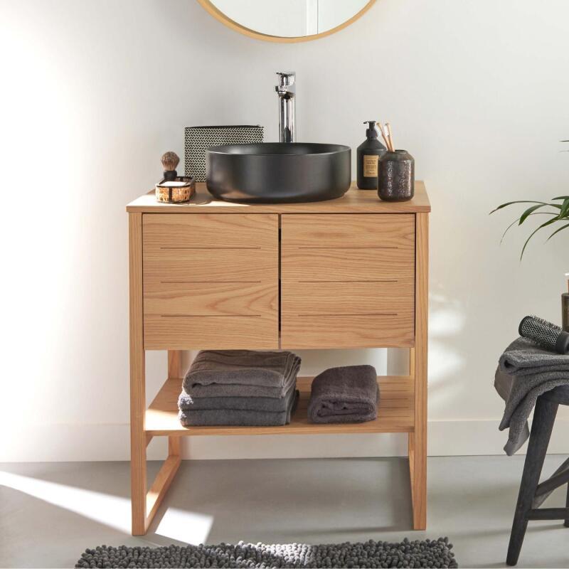Ensemble meuble 70cm chêne naturel avec vasque à poser ronde noire ATOLL