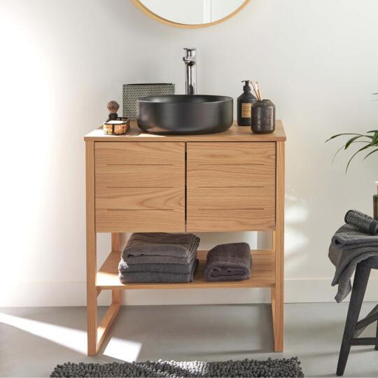Ensemble meuble 70cm chêne naturel avec vasque à poser ronde noire ATOLL