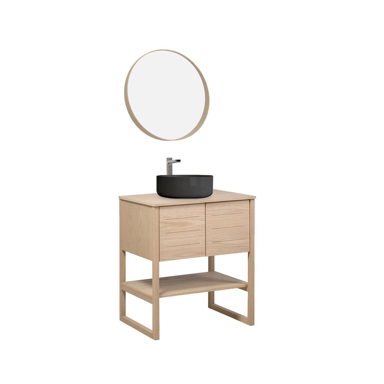 Ensemble meuble 70cm chêne naturel avec vasque à poser ronde noire ATOLL