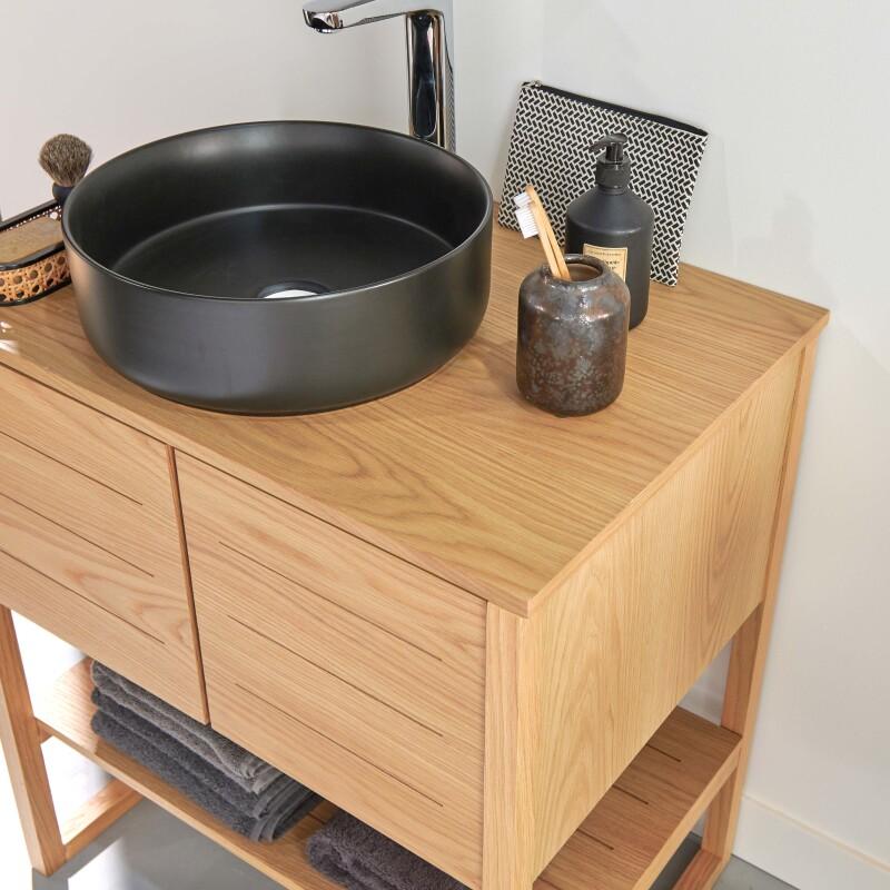 Ensemble meuble 70cm chêne naturel avec vasque à poser ronde noire ATOLL