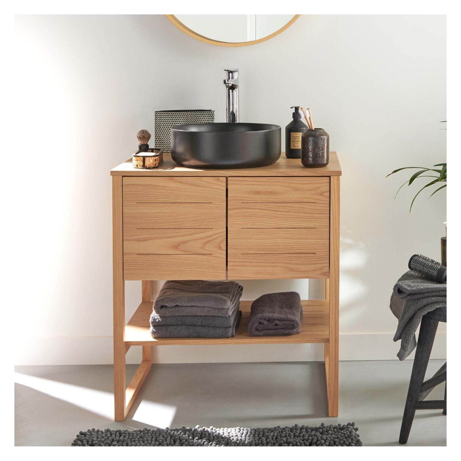 Ensemble meuble 70cm chêne naturel avec vasque ronde noire et robinet ATOLL