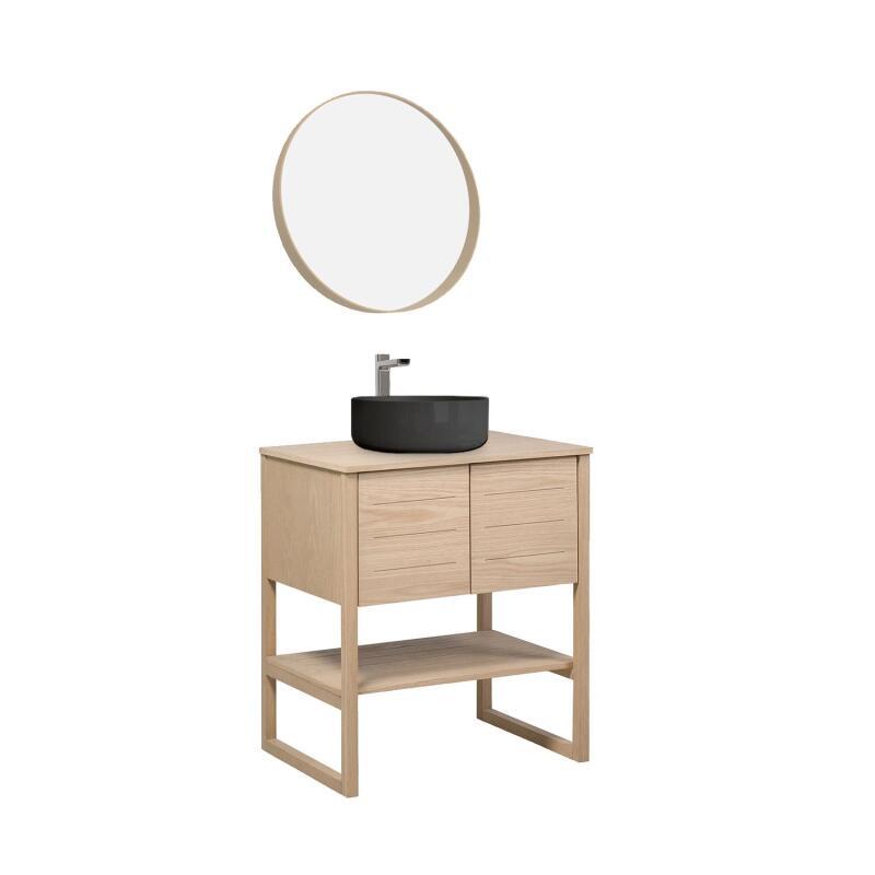 Ensemble meuble 70cm chêne naturel avec vasque ronde noire et robinet ATOLL