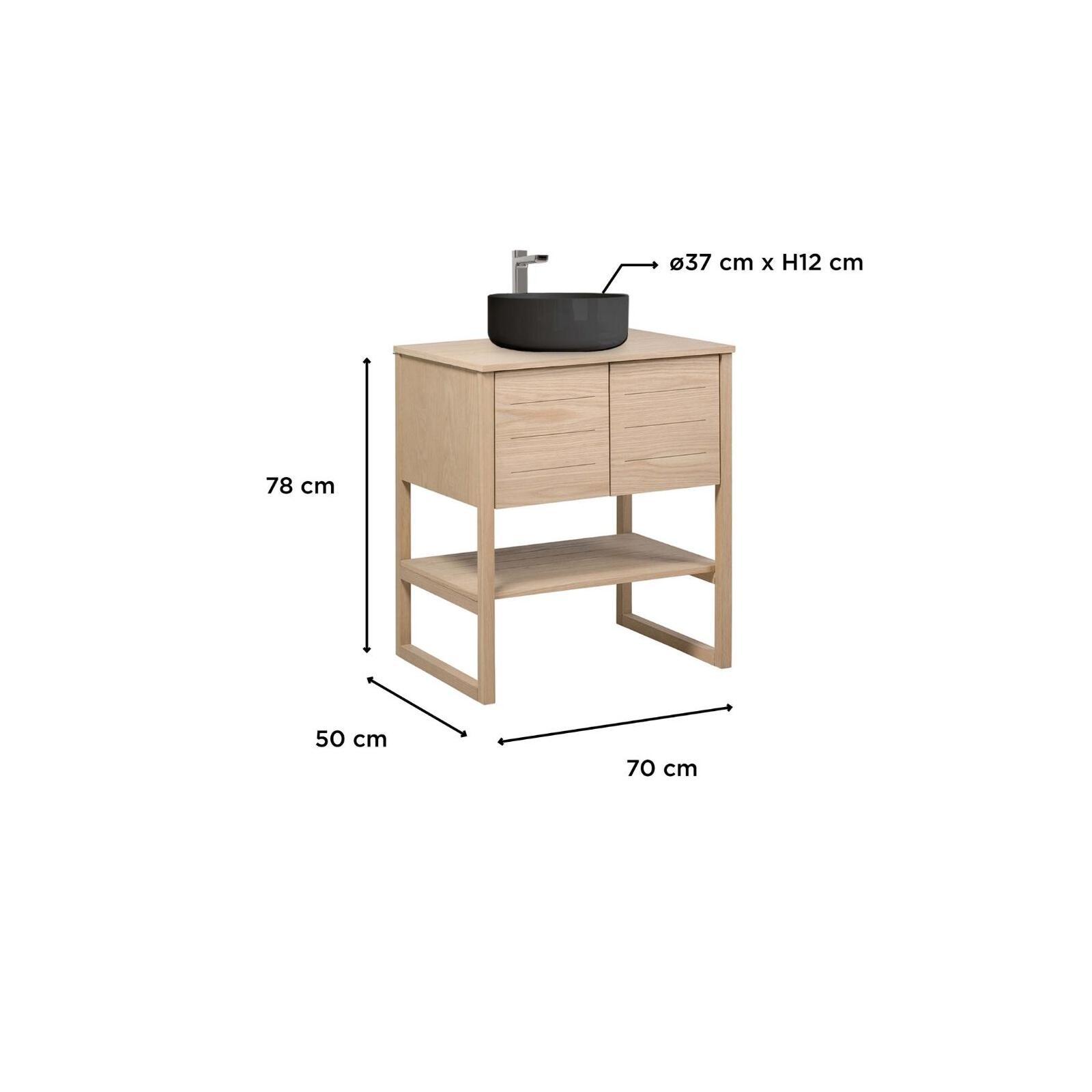 Ensemble meuble 70cm chêne naturel avec vasque ronde noire et robinet ATOLL