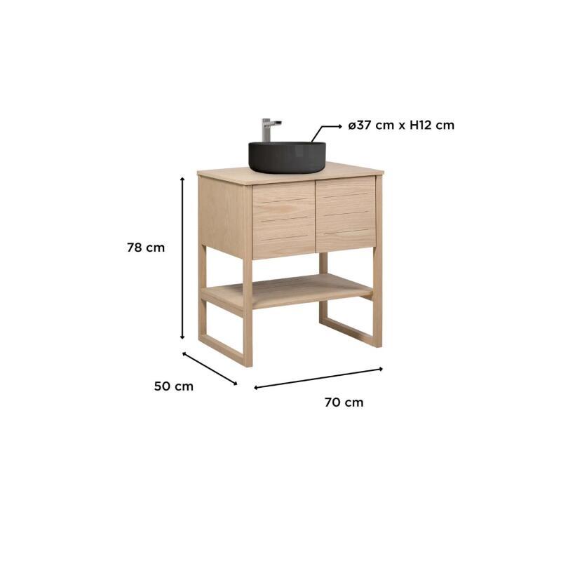 Ensemble meuble 70cm chêne naturel avec vasque ronde noire et robinet ATOLL