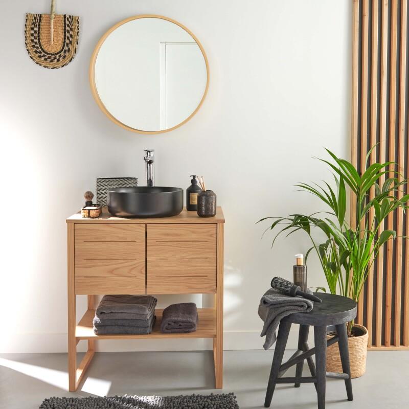 Ensemble complet salle de bain 70cm chêne naturel avec vasque ronde noire, robinet et miroir ATOLL