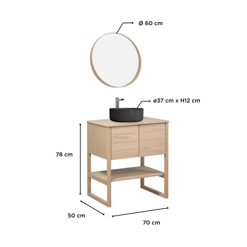 Ensemble complet salle de bain 70cm chêne naturel avec vasque ronde noire, robinet et miroir ATOLL