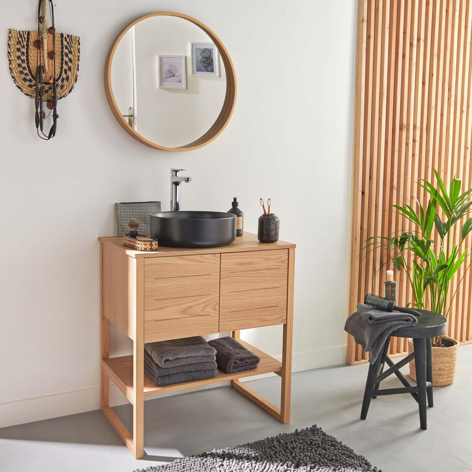 Ensemble complet salle de bain 70cm chêne naturel avec vasque ronde noire, robinet et miroir ATOLL