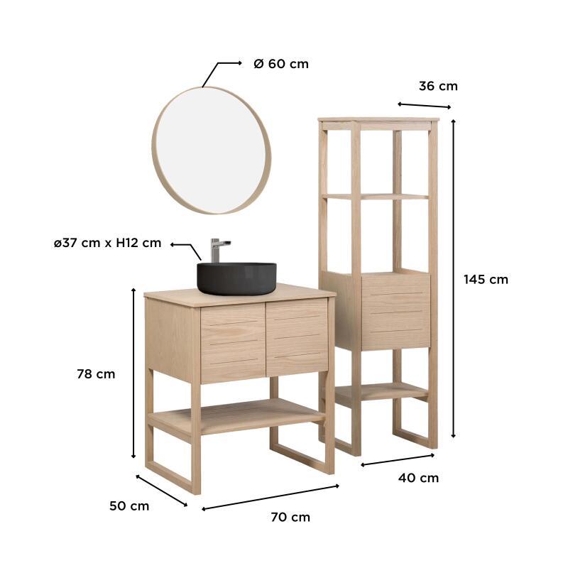 Ensemble salle de bain 70cm chêne naturel avec colonne, vasque ronde noire, miroir et robinet ATOLL