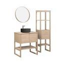 Ensemble salle de bain 70cm chêne naturel avec colonne, vasque ronde noire, miroir et robinet ATOLL
