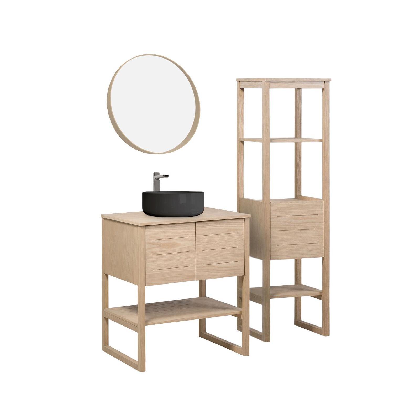Ensemble salle de bain 70cm chêne naturel avec colonne, vasque ronde noire, miroir et robinet ATOLL