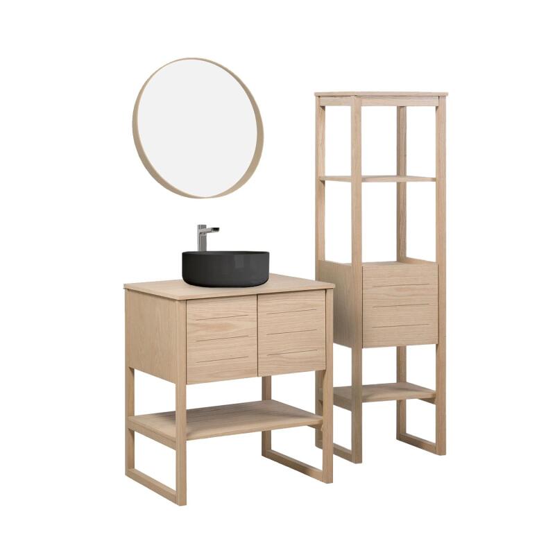 Ensemble salle de bain 70cm chêne naturel avec colonne, vasque ronde noire, miroir et robinet ATOLL
