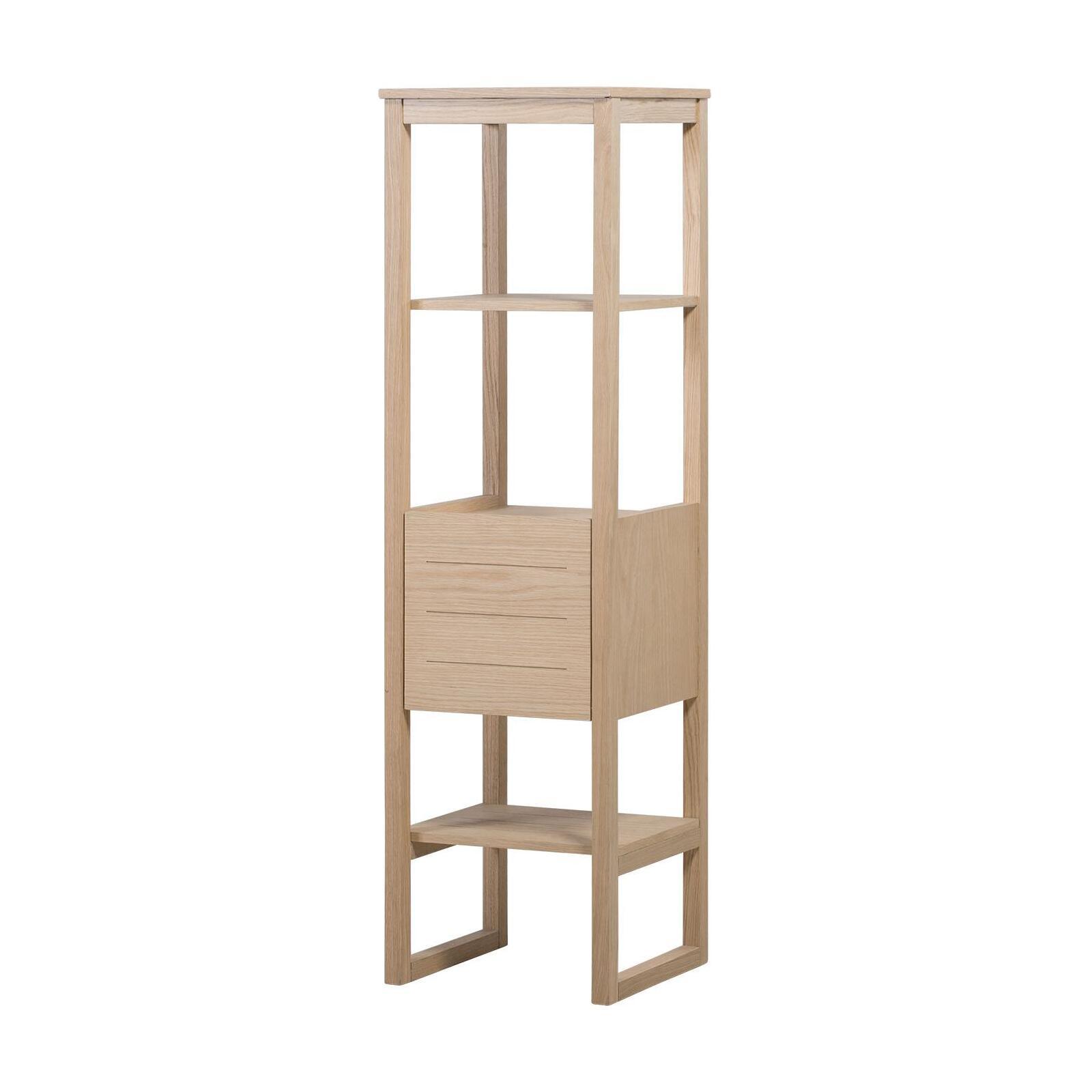 Ensemble salle de bain 70cm chêne naturel avec colonne, vasque ronde noire, miroir et robinet ATOLL