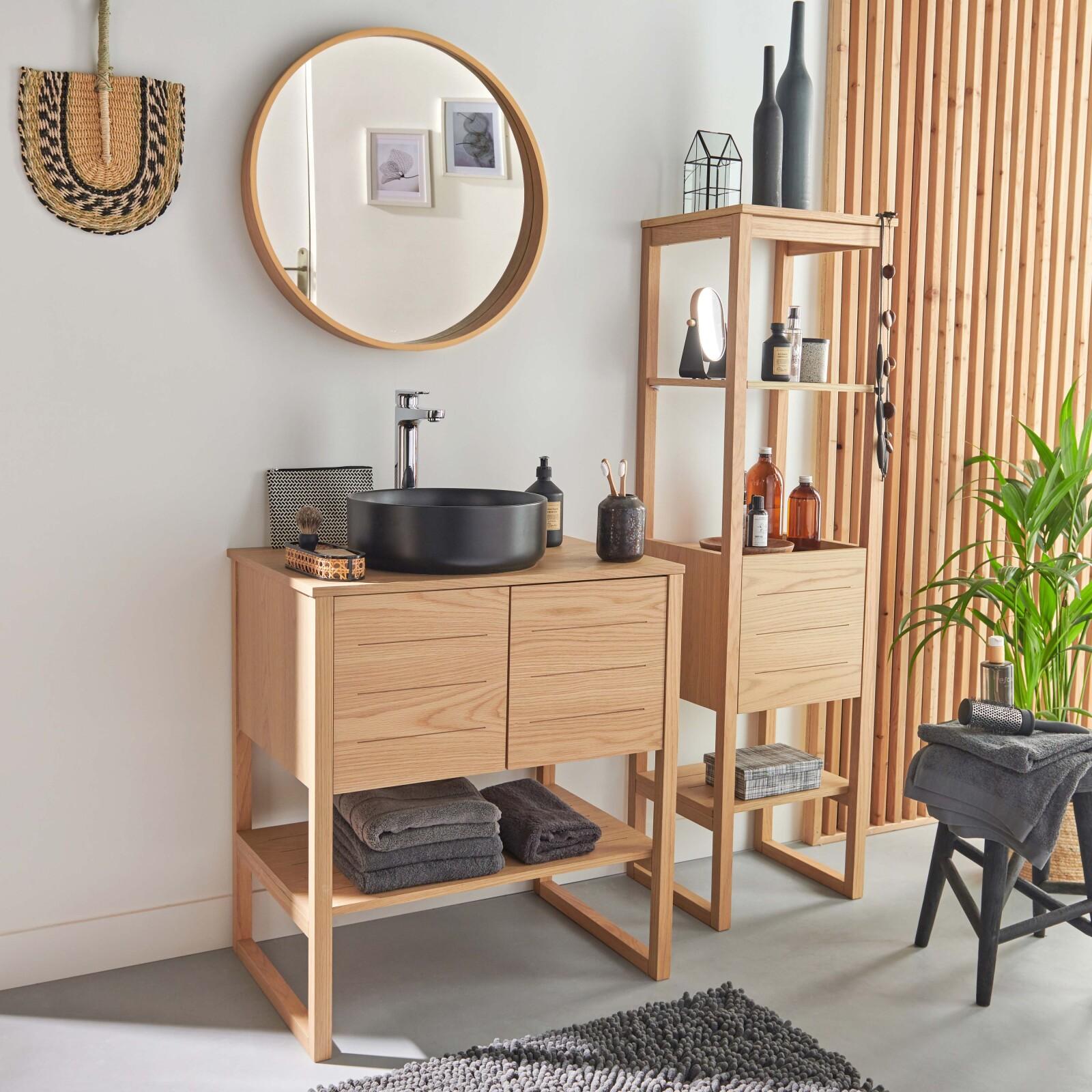 Ensemble salle de bain 70cm chêne naturel avec colonne, vasque ronde noire, miroir et robinet ATOLL