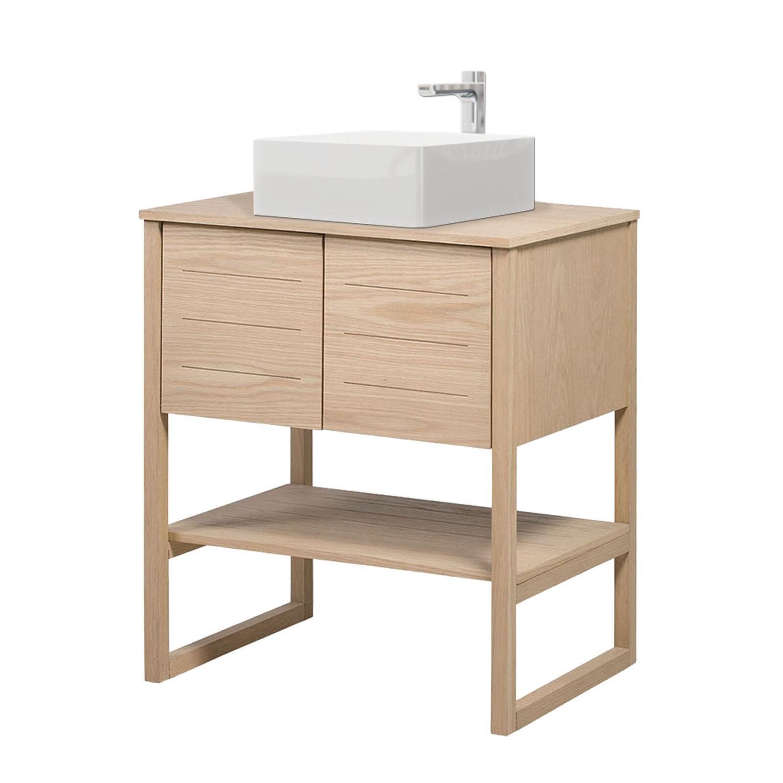Ensemble meuble 70cm chêne naturel avec vasque carrée blanche et robinet chromé ATOLL
