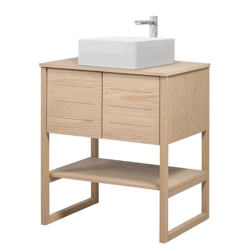 Ensemble meuble 70cm chêne naturel avec vasque carrée blanche et robinet chromé ATOLL