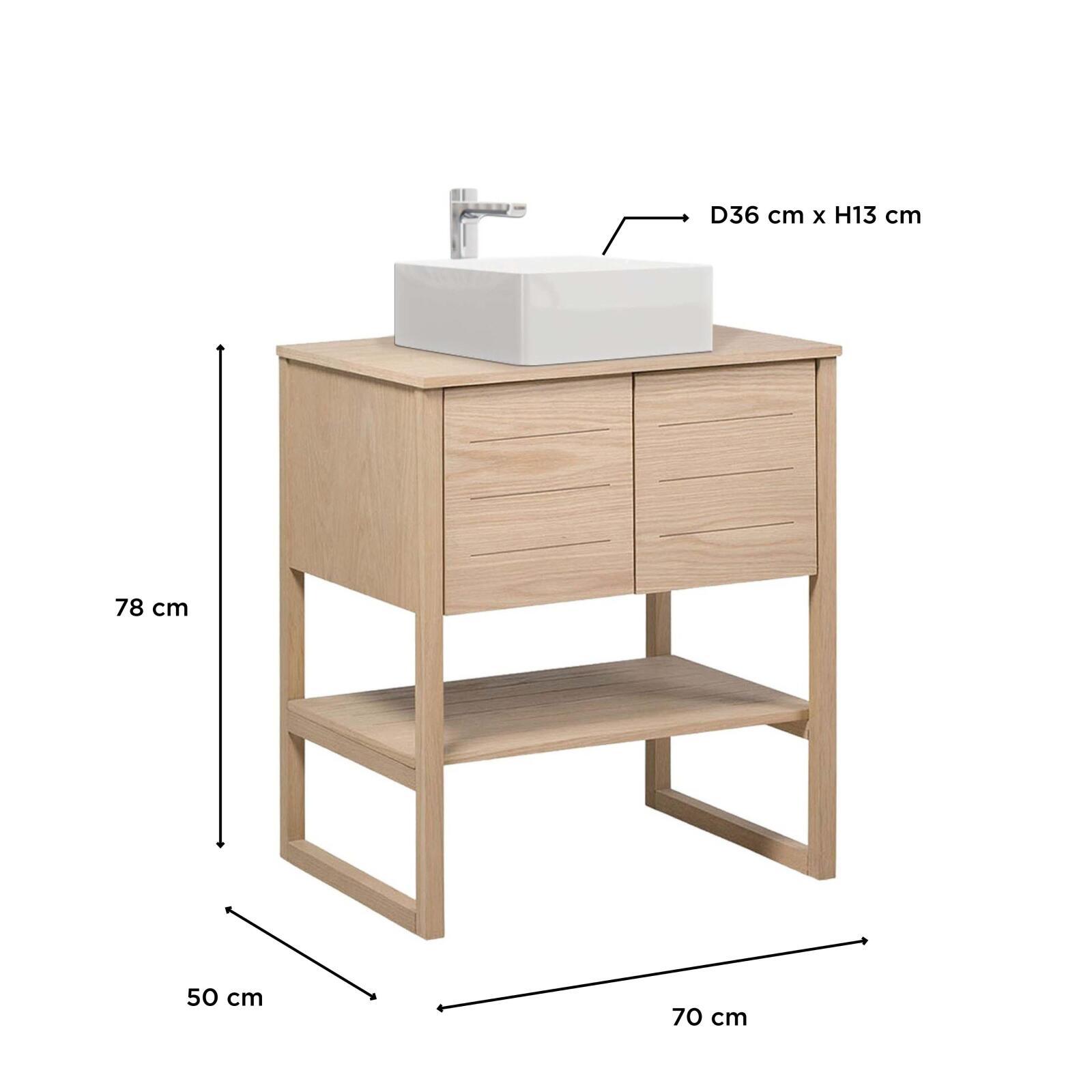 Ensemble meuble 70cm chêne naturel avec vasque carrée blanche et robinet chromé ATOLL