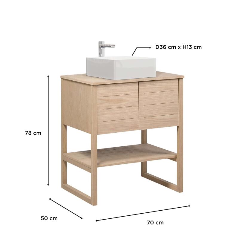 Ensemble meuble 70cm chêne naturel avec vasque carrée blanche et robinet chromé ATOLL