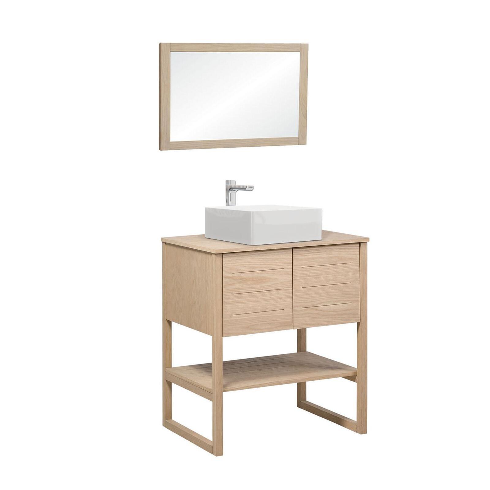 Ensemble salle de bain 70cm chêne naturel avec vasque carrée, robinet et miroir ATOLL