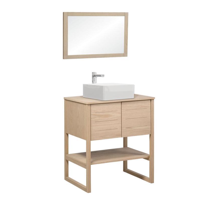 Ensemble salle de bain 70cm chêne naturel avec vasque carrée, robinet et miroir ATOLL
